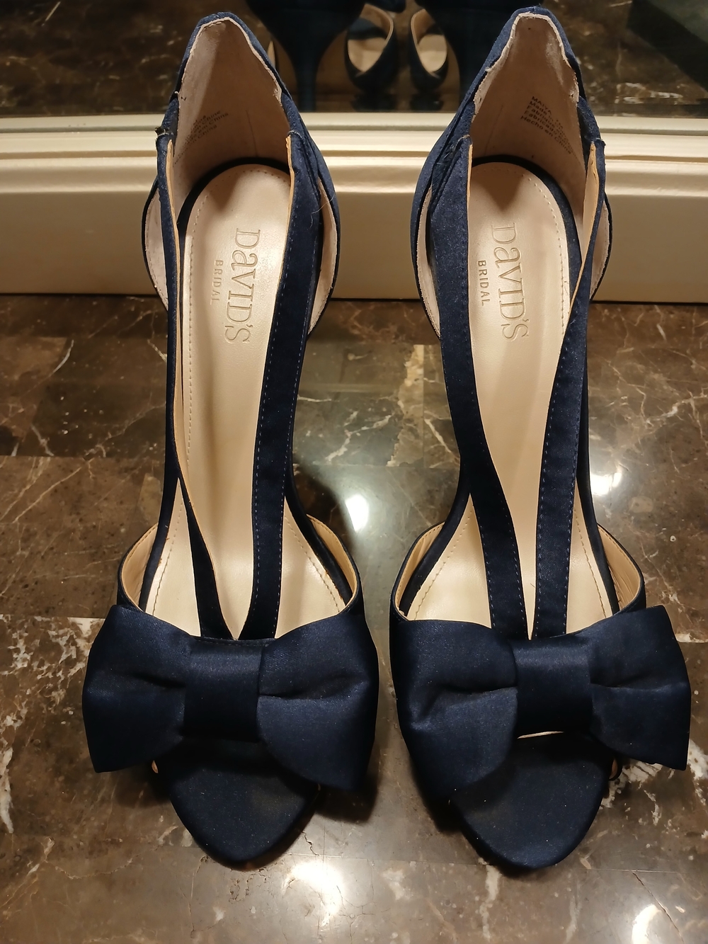 David's Bridal Navy Satin Bow Peep-Toe Heels - Picture 5 of 14